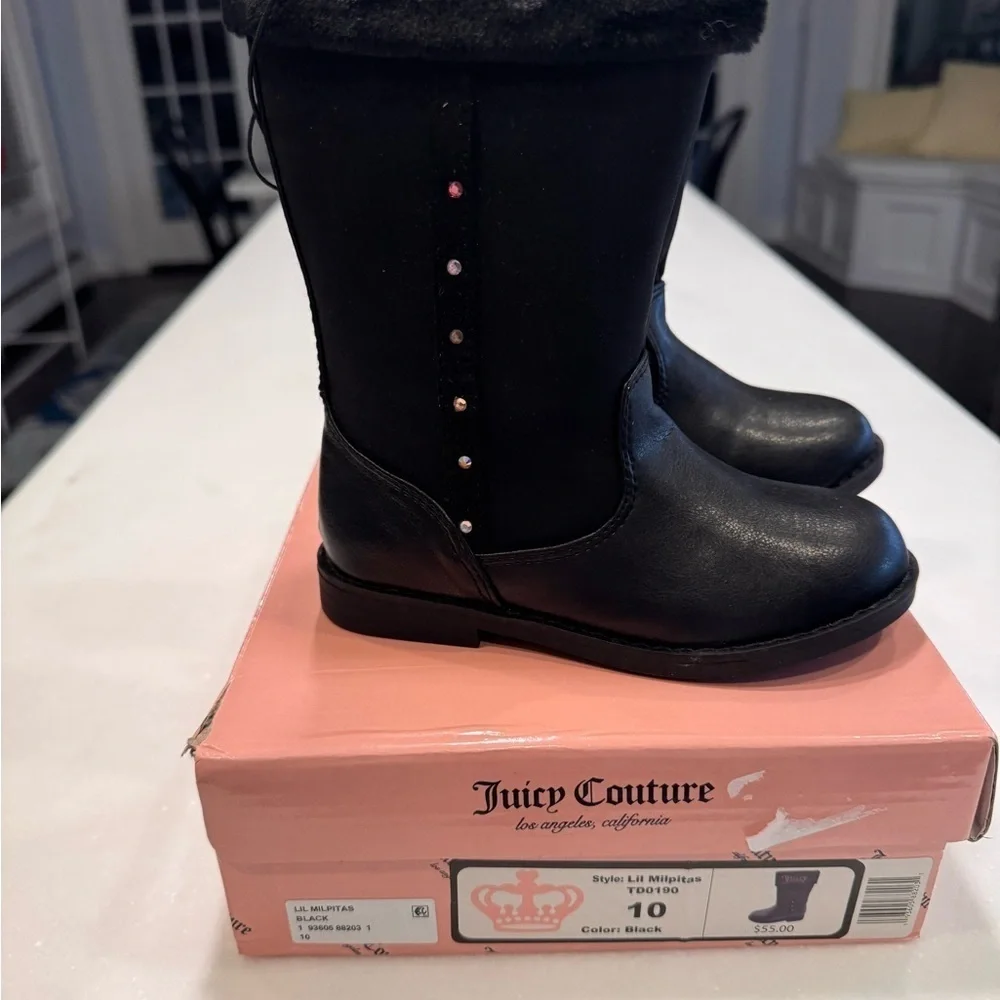NEW Juicy Couture Girls Winter Boots Toddler Size 10 Black Faux Fur & Rhinestone